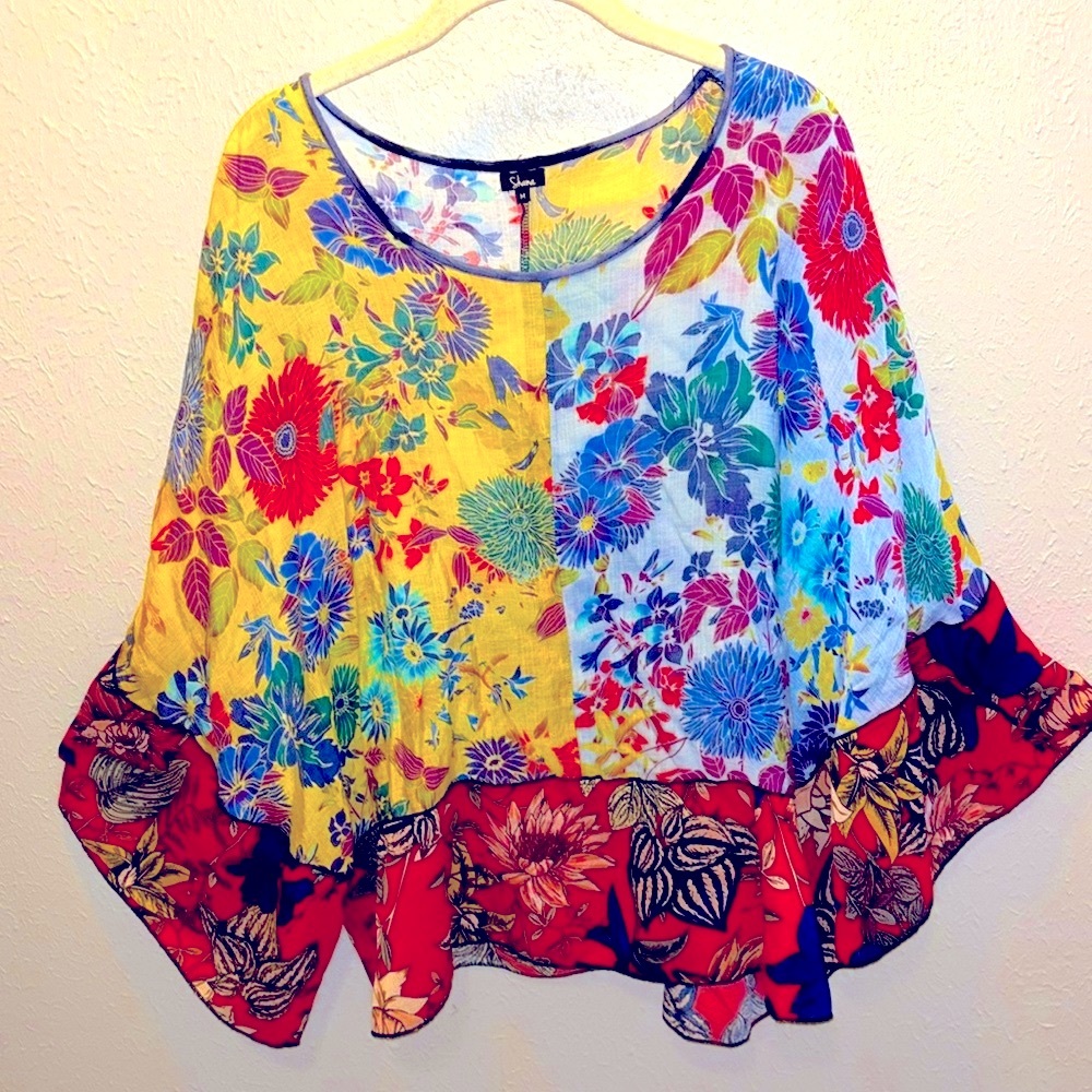 Shana Bohemian Poncho Top Kimono Bright Floral Print Women’s Sz Medium